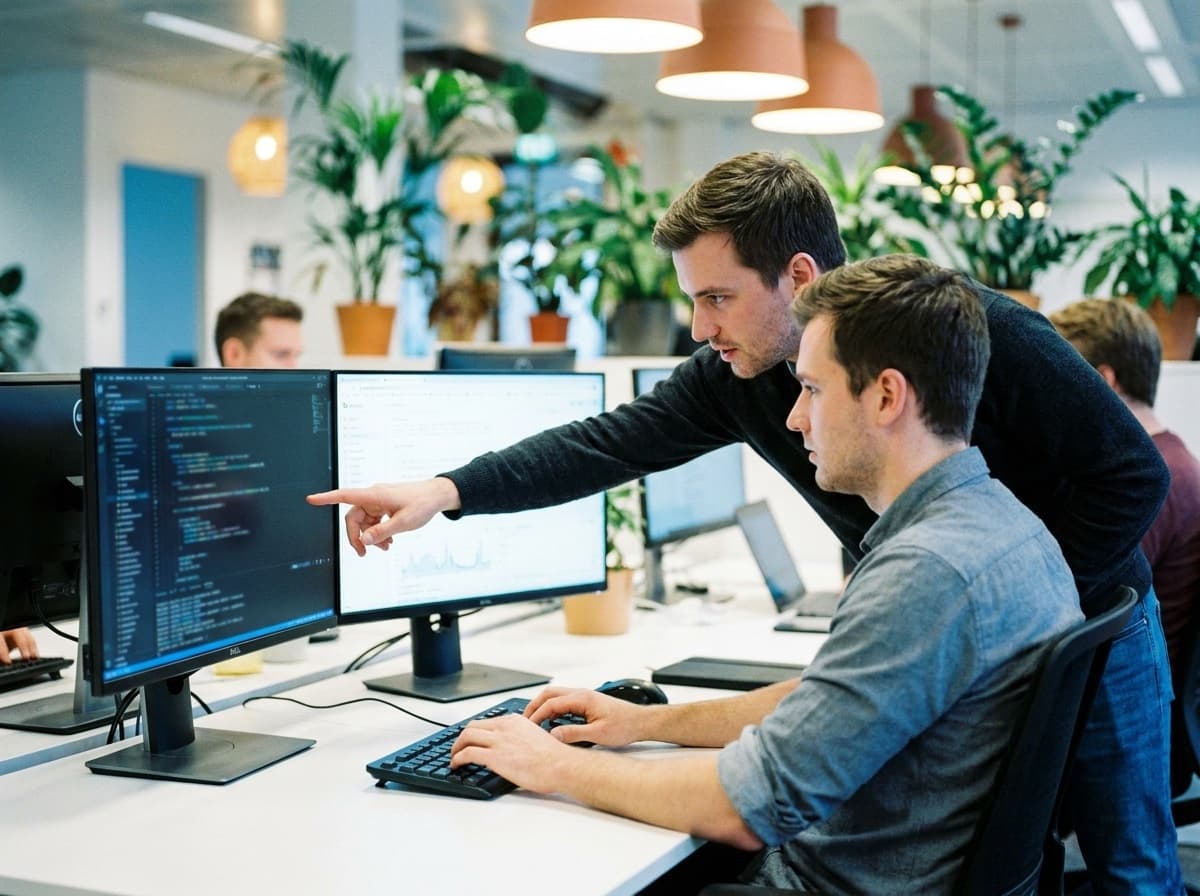 Two engineers pair-programming at a desk, one pointing at a monitor