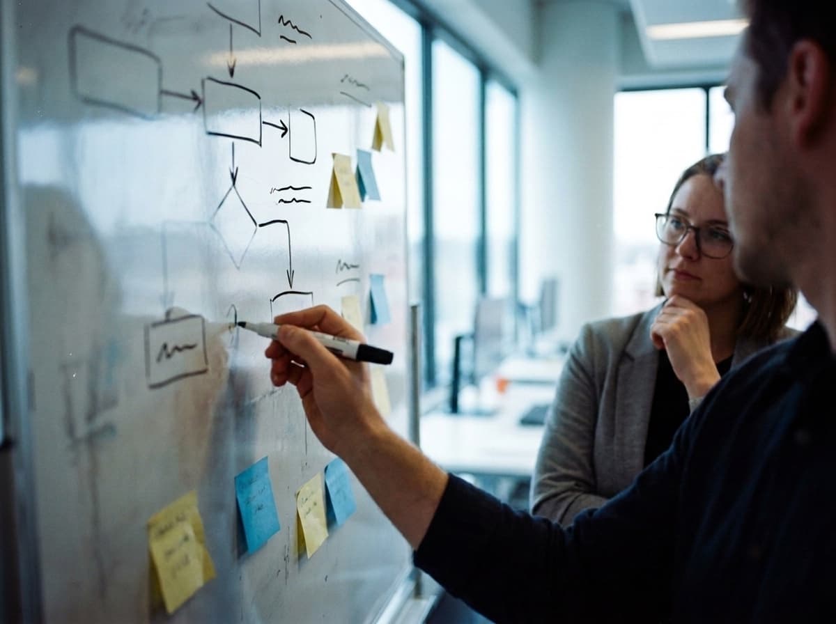 A strategist sketching a workflow diagram on a whiteboard while a colleague looks on