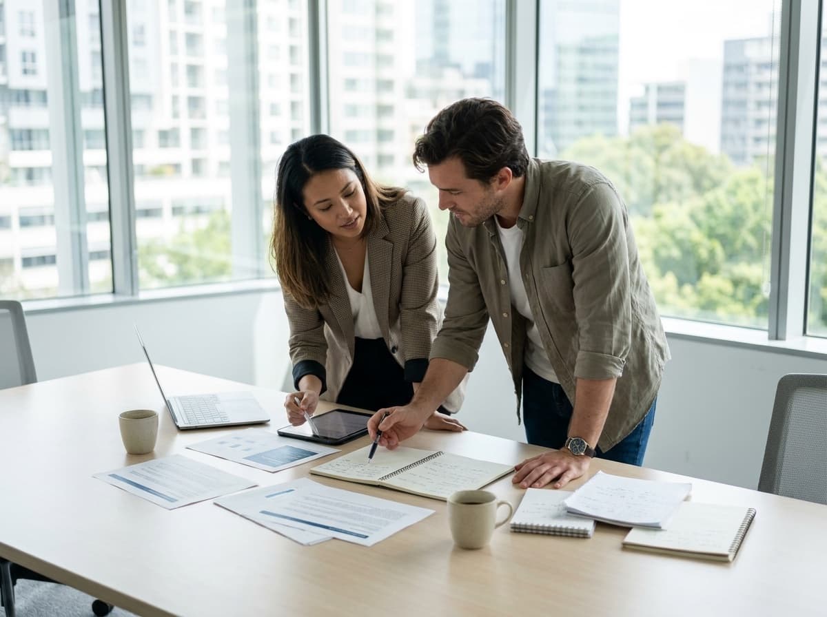 A consultant and business owner reviewing documents together at a conference table